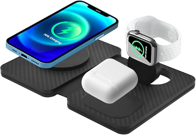 3-in-1 Charging Station for Apple Devices, Fast Mag Safe Wireless Charger, Foldable Travel Charger for Cell Phone 16-12 Series, AirPods, and iWatch Series (Carbon Fiber)