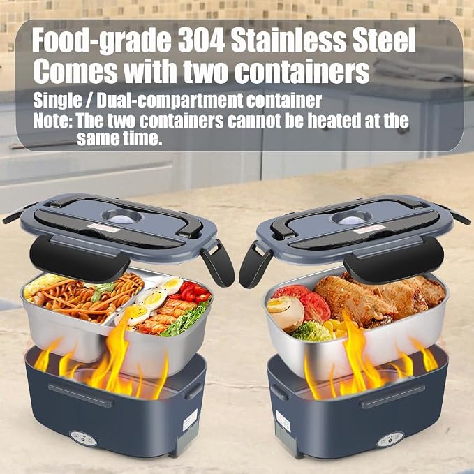 Electric Lunch Box for Adults - 1.5L Single/Double Layer Stainless Steel Food Warmer - 80W Fast PTC Heated Lunchbox, 12V/24V/110V Portable Food Heater for Car&Truck, Office, Camping, Travel