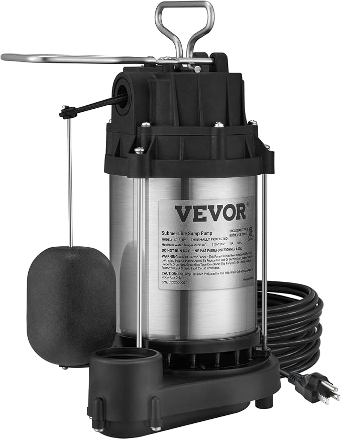 VEVOR 1/2 HP Sump Pump Submersible, Sump Pump with Stainless Steel Surface, 10 ft Power Cord, 1-1/2" NPT Discharge, Automatic Float Switch, for Indoor&Outdoor Water Drain