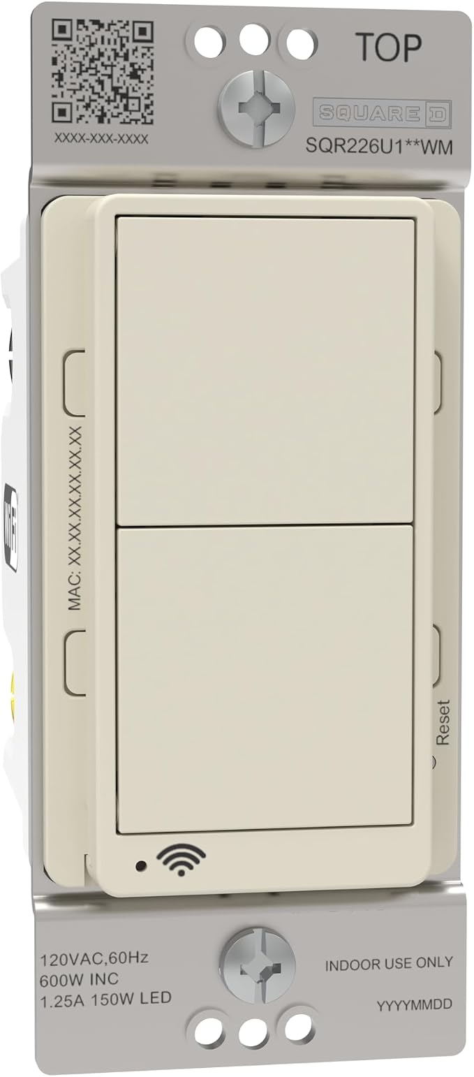 Square D by Schneider Electric X Series 15 Amp WiFi Energy Monitoring Light Switch, Single-Pole/3-way, 600 Watt, Rocker, Matter Certified, Works with Alexa, Google Home, Apple Home, Matte Light Almond