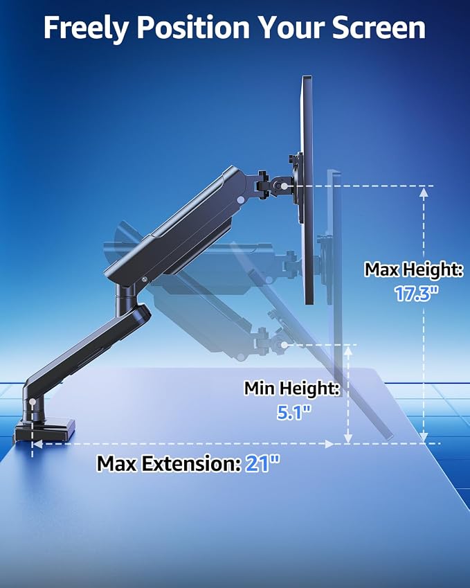Single Monitor Mount for 32 27 24 22 inch Screen, Monitor Arm Holds 4.4-22 lbs, Monitor Desk Mount, Gaming & Home Office Use, VESA 75x75mm & 100x100mm, Freelift Pro Black