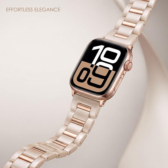 V-MORO Resin Metal Band Compatible with Apple Watch 42mm 41mm 40mm 38mm,Fashion Lightweight Bracelet with Polished Rose Gold Stainless Steel Inlay for iWatch Series 11/10/9/8/7/6/5/4/3/2/1/SE,Oatmeal