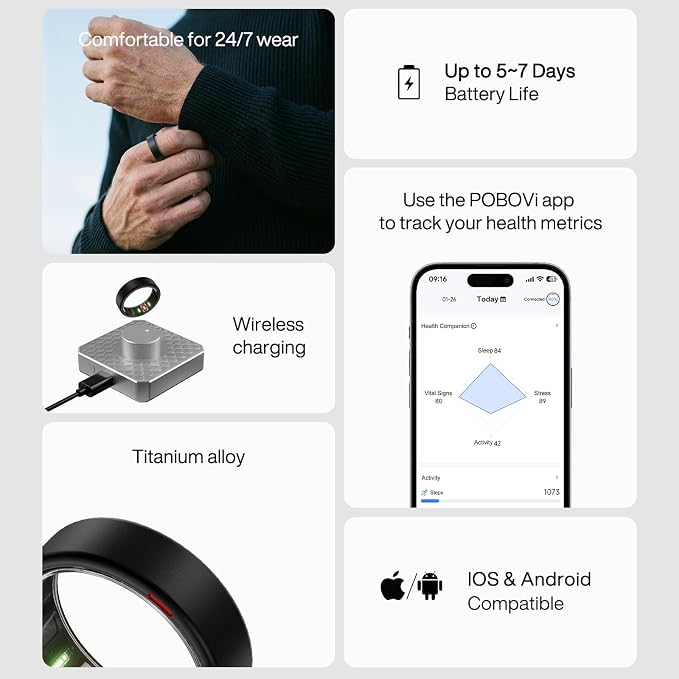 POBOVi Gen 2 Titanium Smart Ring for Women & Men, Sleep & Heart Rate Tracker, No Subscription, Size Before You Buy (Black, 8)