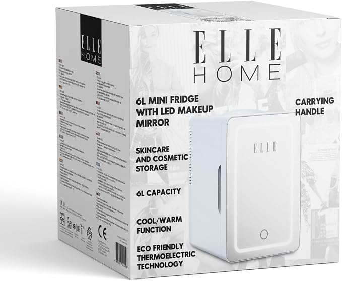 ELLE 6L Mini Cooler Fridge with LED Makeup Mirror for Skincare & Cosmetic Storage Cooler & Warmer Removable Shelf Carrying Handle AC DC Power Options Small Refrigerator for Bedroom Car Office Blue