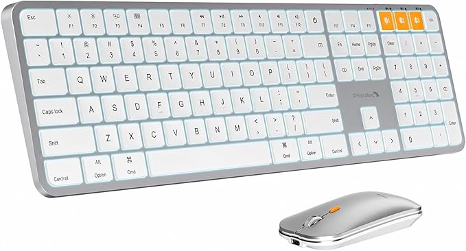 ProtoArc Backlit Bluetooth Keyboard and Mouse for Mac, KM100-A Full Size Wireless Keyboard Mouse for Mac, Multi-Device, Rechargeable, No USB, for MacBook Pro/Air, iPhone, iPad, White Silver