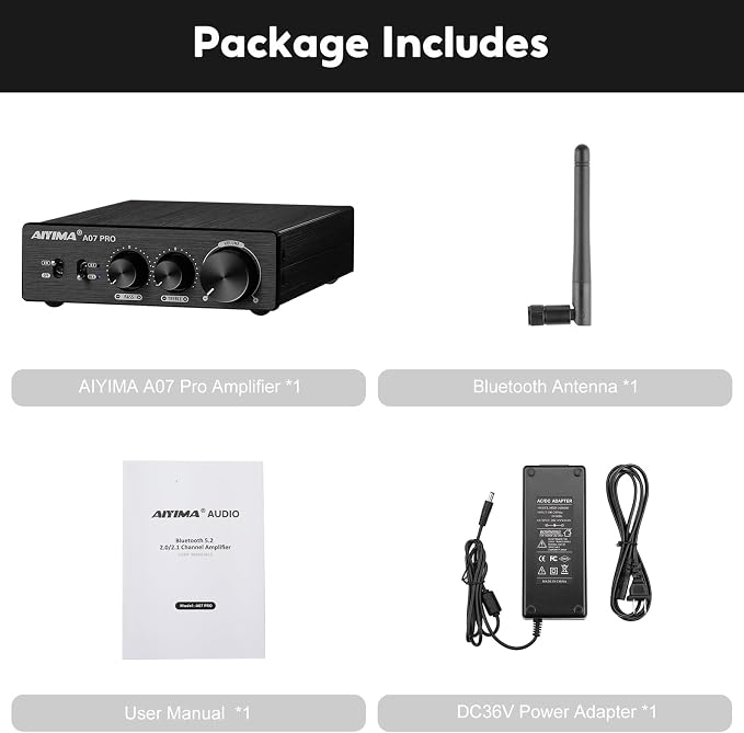 AIYIMA A07 Pro TPA3255 Stereo Amplifier Bluetooth 5.2 300Wx2 HiFi Class D Amp 2.0/2.1 Channel Audio Power Amp for Home Audio Speaker with Bass Treble knobs& 3.5mm Line Output,Supports 24-48V | Aluminum desktop receiver with bass/treble tone controls.St...