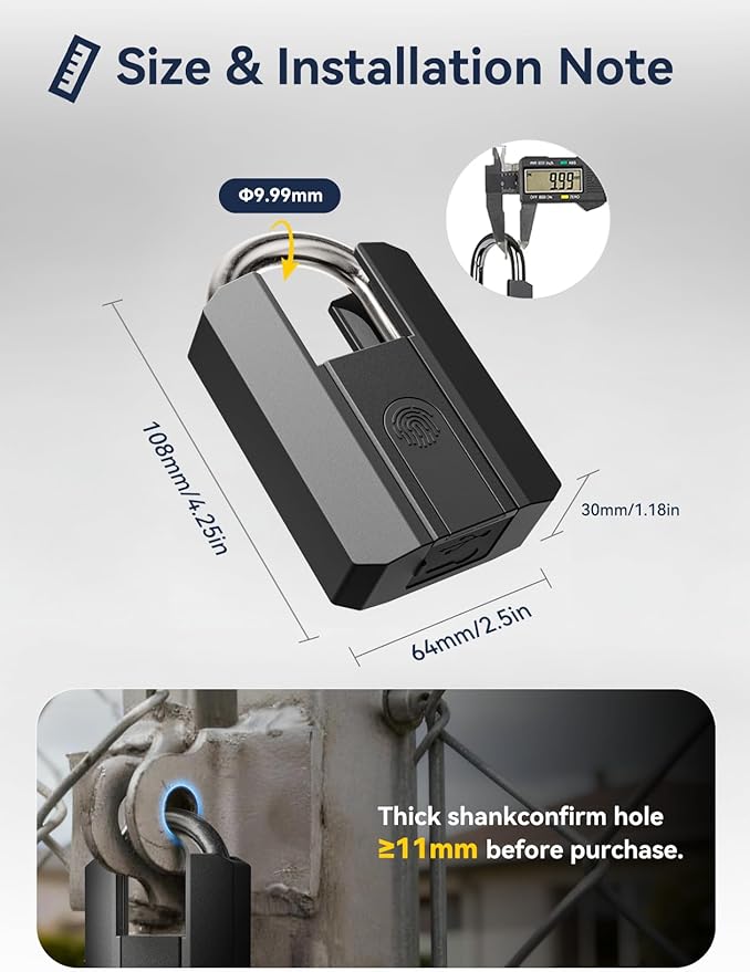 NexusLab Fingerprint Padlock, Heavy-Duty Outdoor IP67 Waterproof, 3-Way Unlock (Fingerprint/App/2 Keys), Bluetooth App Control & Logs, USB-C Charging, Stores 50 Prints, for Gate Shed Fence Storage