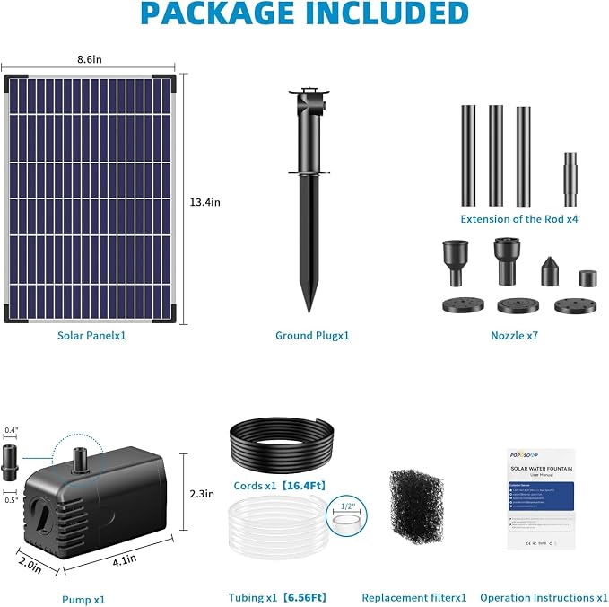 POPOSOAP 12W Solar Water Fountain Pump, Solar Water Pump with Flow Adjustable, Solar Pond Pump with Water Shortage Protection & 16.5FT Cord for Ponds, Garden, Waterfall, Hydroponics-P112H
