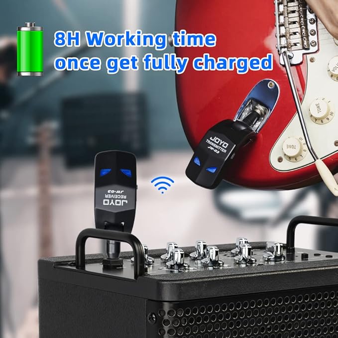 JOYO 2.4GHz Wireless Guitar System Rechargeable Transmitter and Receiver 4 Selectable Channels, 5ms Low Latency, 65ft Range, Up to 8 Hour Battery for Electric Guitar, Bass & Acoustic (JW-03)