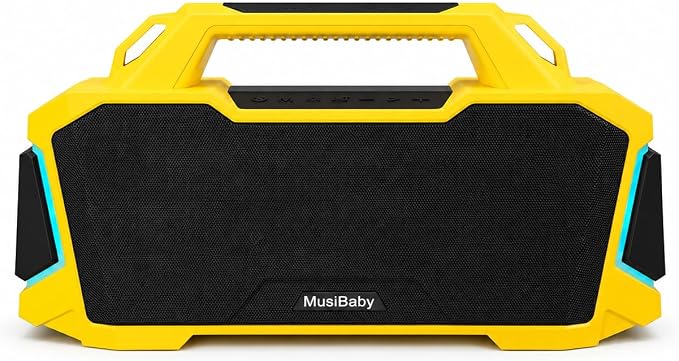 Musibaby 80W Portable Bluetooth Speaker, Loud Bass, IPX6 Waterproof, Yellow | Bright yellow speaker for picnic, tailgate, RV, workshop, projector nights, boat deck, cookouts, USB/AUX music.