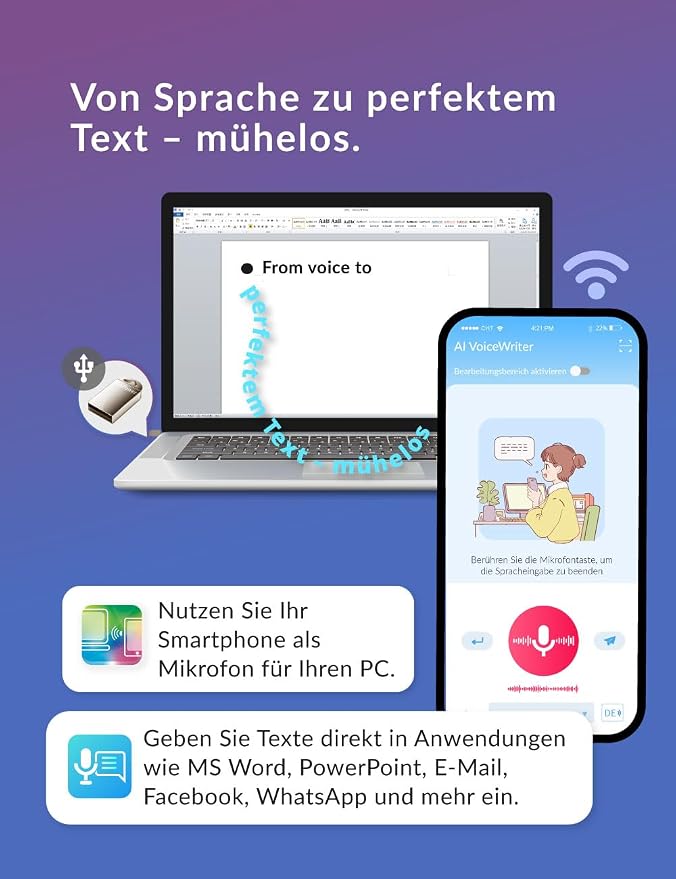 AI VoiceWriter – Smart Dictation & AI Writing Assistant for Windows & Mac | USB Dongle & Mobile App for Voice Input, Proofreading, Rewriting & Multilingual Support