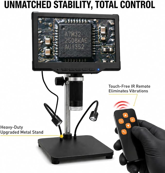 Digital Microscope for Soldering, 10.1" IPS Screen, 1200X Coin Microscope with 16MP Camera, 1080P Video, Adjustable 8+2 LED Lights, Remote Control, PC View for Electronics Repair, Adults