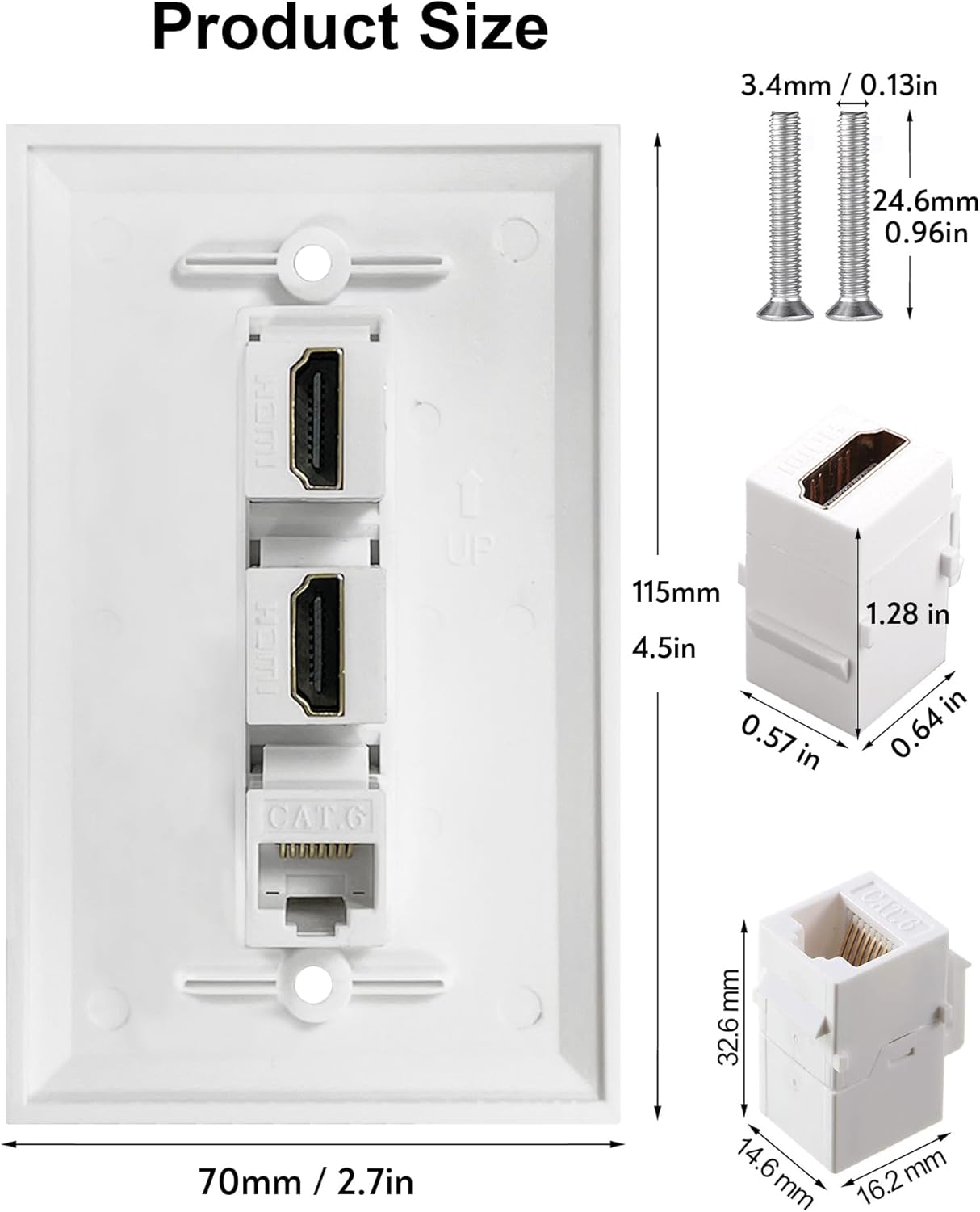 HDMI Ethernet Wall Plate - 2 Port 4K HDMI Keystone, 1 Port Cat6 Keystone Wall Plate Female to Female-White