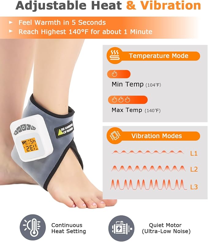 Cordless Ankle Heating Pad with 5000mAh Battery, 3-Level Vibration Massage & 104-140°F Heat Therapy, 30/45/60Mins Timer, Perfect for Arthritis Foot Heel Pain Relief, Includes Type-C Cable&Storage Bag