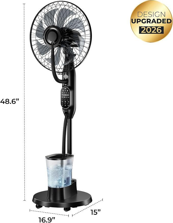 Standing Fan, 16'' Humidifier Fan - Misting Fan, Fan for Bedroom Oscillating Pedestal Fan with 3 Modes 9 Speeds 7H Timer for Daily Indoor Cool - 2026 Model