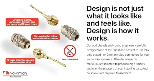 Nakamichi FanLock Excel Series 24k Gold Plated 2mm Flex Pin Banana Plugs 10 AWG - 18 AWG Gauge Size for Spring Clip Terminal Speakers Amplifier Hi-Fi Wire Cable Quick Connector, 10 Pcs (5-Pairs)