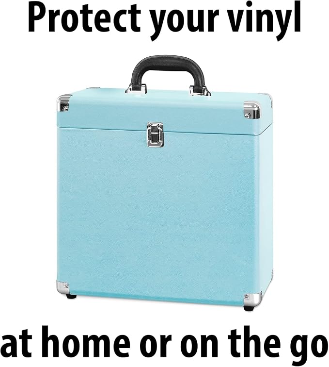 Victrola Collector – Record Storage Case – Holds 30+ Vinyl Turntable Records, Heavy-Duty Hardware, Hinges, & Smart Metal Corners, Portable with Easy-Carry Handle (Turquoise)