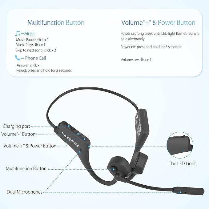Bone Conduction Headphones with Boom Mic Bluetooth Open Ear Wireless Computer Headsets PC with Mic Noise Canceling Bluetooth Earphones with Microphone for Office Use Driving Meeting