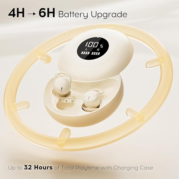 Sleep Earbuds Bluetooth 6.0, Mini Invisible Silicone Sleep Earbuds for Side Sleepers, Noise Blocking Sleeping Headphones, Hidden Earbuds with LED Display for Small Ears, Sleep & Relax（Beige）
