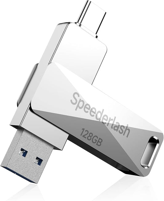 128GB USB 3.0 Flash Drive, Speederlash Dual USB A & Type-C Thumb Drive, 200MB/s Read Speed Jump Drive, Swivel Metal Housing 2-in-1 Memory Stick for Android Phones, Tablets, Laptops, and PCs