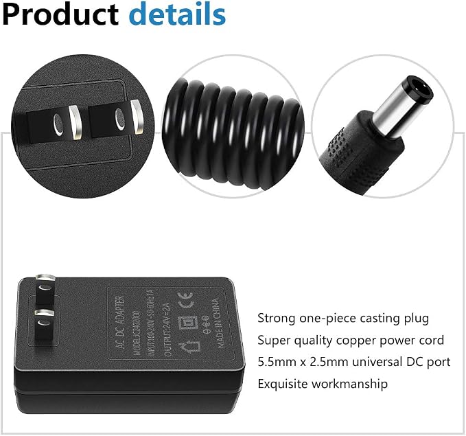 SHNITPWR 24V 2A Power Supply Adapter, Pack of 2 100~240V AC to DC 24 Volt 2000mA 48W Converter Transformer with 5.5x2.5mm DC Tip for 5050 3528 LED Strip 3D Printer CCTV Security System LCD Monitor
