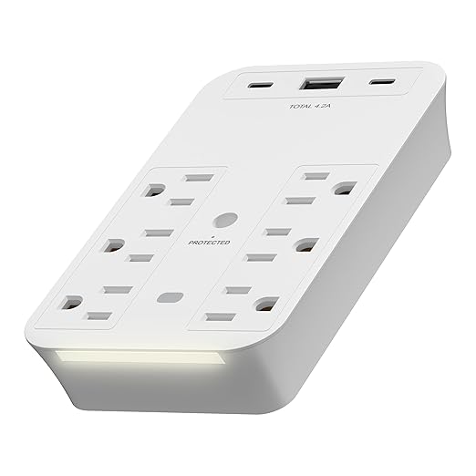 LIDER 6-Outlet Surge Expander with USB Type A/C and Guide Light, Surge Protector Up to 1500J, Guide Light with LED Indicator, USB Outlet Extender, 2 Type C and 1 Type A Flat Outlet Splitter, UL-Listed