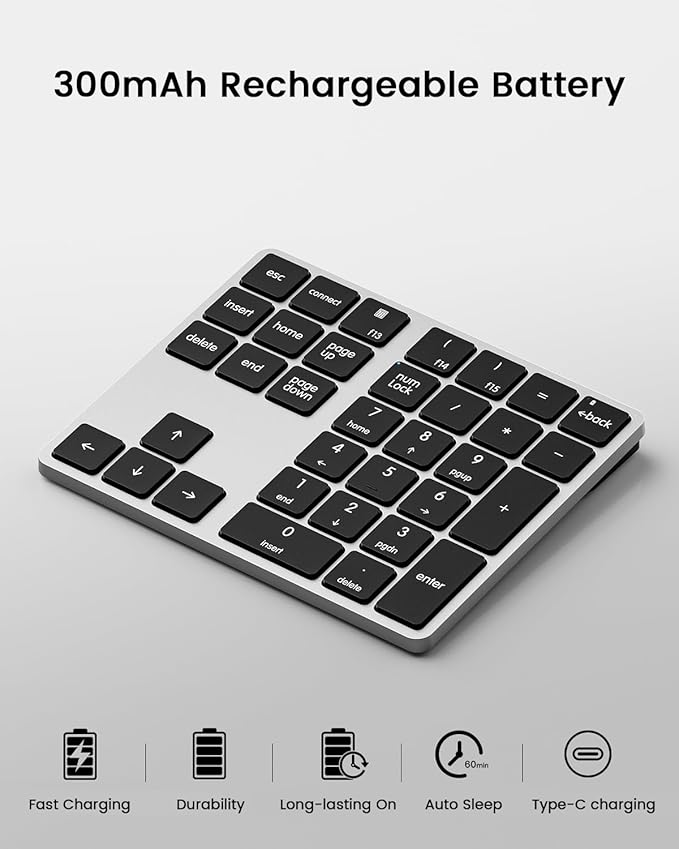 Kisnt KN300BT Bluetooth Number Pad for Laptop, 34- Key Wireless Rechargeable Numeric Keypad Portable External Numpad for MacBook, Tablets, Mac, iOS, Android, Windows PC