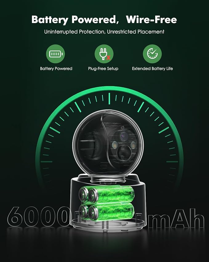 Battery Powered Indoor Camera Wireless, PTZ Pet Camera with 6000mAh Rechargeable, Dual-Band WiFi, 2.5K 4MP Color Night Vision, SD/Cloud Storage, 2-Way Audio, APP Remote, Cat/Dog/Kids/Home Monitoring