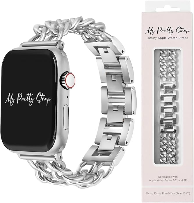My Pretty Strap - Compatible Apple Watch Band Strap, Stainless Steel Fashion iWatch Replacement Strap- Easy Resizing, No Tool Needed, Fits Most Wrists- Compatible with Series 1-11, SE and Ultra