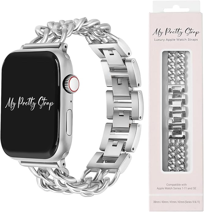 My Pretty Strap - Compatible Apple Watch Band Strap, Stainless Steel Fashion iWatch Replacement Strap- Easy Resizing, No Tool Needed, Fits Most Wrists- Compatible with Series 1-11, SE and Ultra