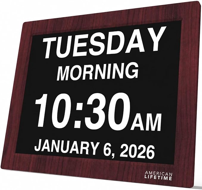 American Lifetime New 2026 Dementia Clock Large Digital Clock for Seniors, Alzeimer Clock Large Display with Custom Alarms, Clock with Day & Date for Elderly, Digital Calendar Mahogany, 15 Inch