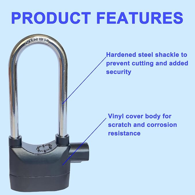 Long Cross-Beam Alarm Lock 110dba Universal Security Alarm Lock System Anti-Theft for Door Motor Bicycle Padlock with 3 Keys (2PCS)