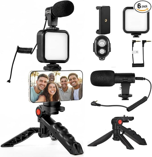 Acuvar 6-Piece Phone Vlogging Kit – Smartphone Video Kit with Microphone, LED Light & Mini Tripod for YouTube & TikTok Creators