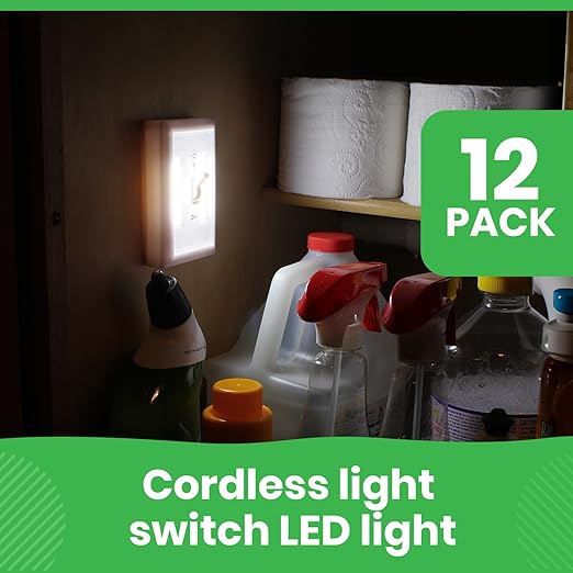LitezAll COB LED Light Switch Night Light, 12-Pack 200 Lumen Wireless Battery Operated Wall Lights, Stick-On Switch Lights for Closets, Cabinets, Hallways, Garage, Gifts for Men – Batteries Included