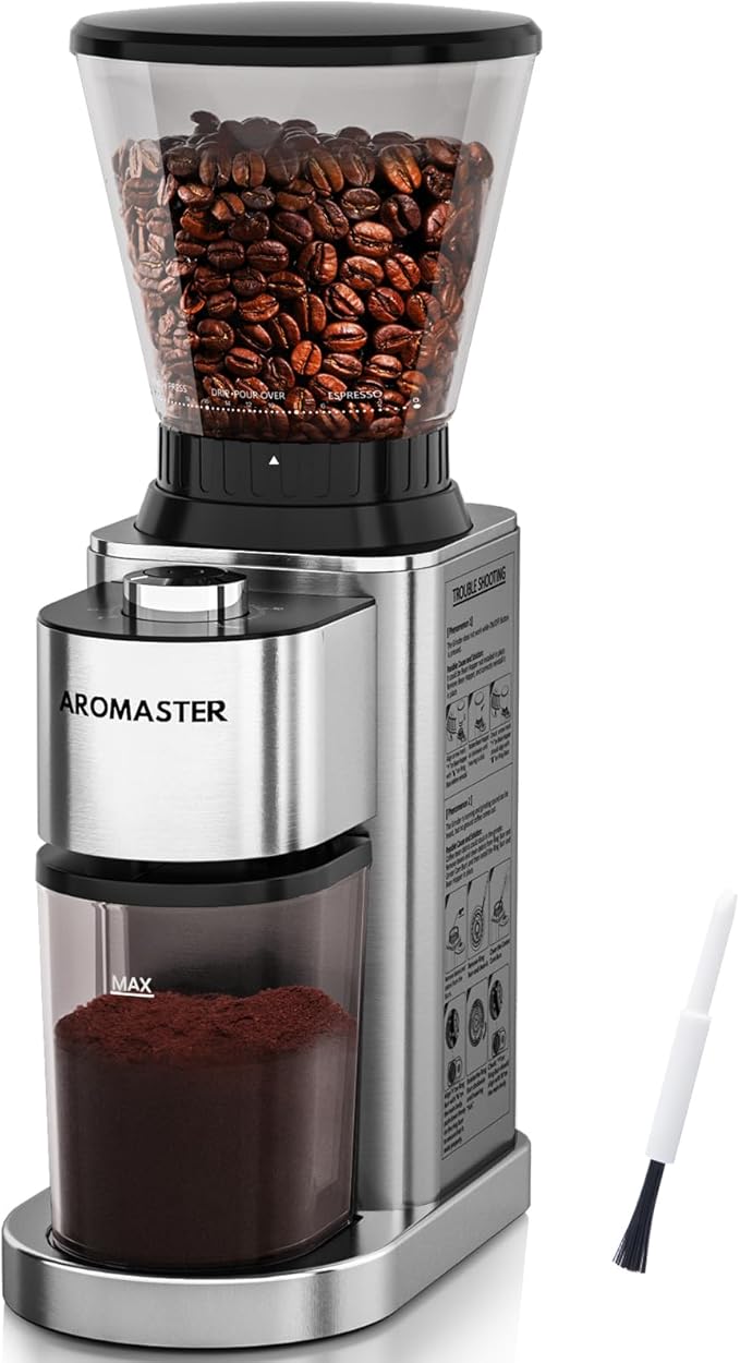 Aromaster Conical Coffee Bean Grinder with 48 Gind Settings,Burr Coffee Grinder for Home Use,Stainless Steel,40 Seconds Adjustable Timer,Anti-static,Easy to Clean with Brush,Classic Silver