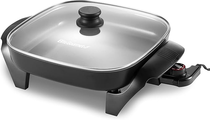 Elite Gourmet EG2212 12"x12"x2.15” Healthy Ceramic Coated Electric Skillet, Dishwasher Safe & ESB-301BF# Countertop Single Cast Iron Burner, 1000 Watts Electric Hot Plate