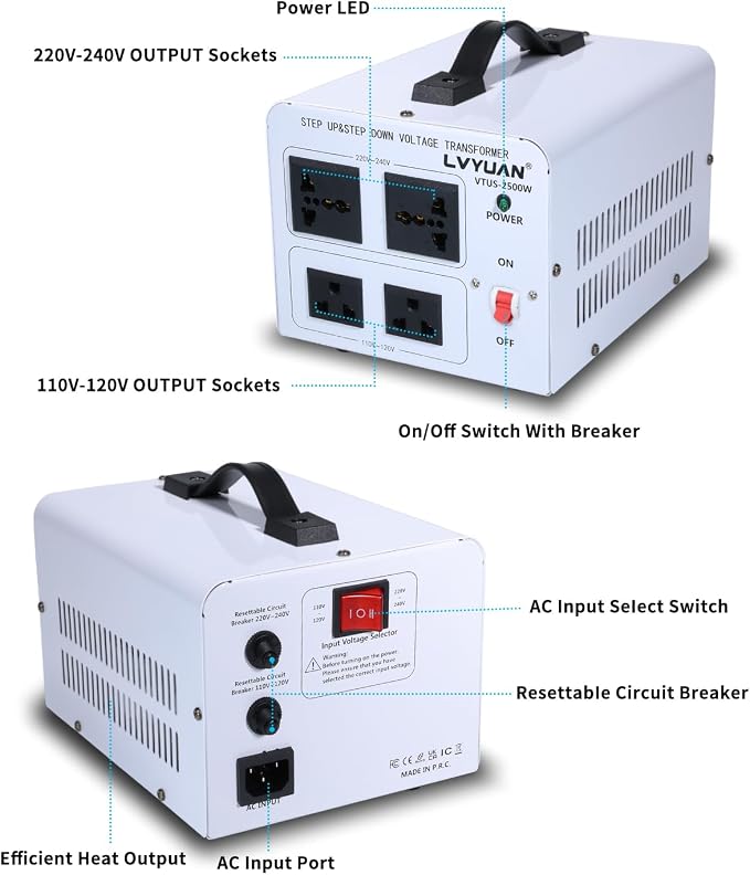 LVYUAN 2500W Voltage Transformer Power Converter Step Up 110V to 220V, Step Down 220V to 110V, 110/120 Volt - 220/240 Volt