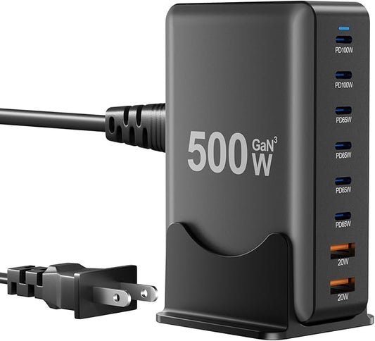 500W USB C Fast Charger Block, 8 Port Charging Station, GaN Ⅲ Multi Port Charging Station Hub for Multiple Devices, Multiport USB Charger Station Compatible with MacBook iPhone iPad Dell
