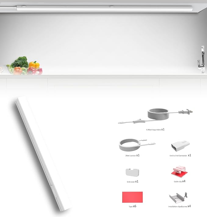 Leetdud Under Cabinet Lighting Plug in, 32 Inch 1 Pc, Linkable AC120V 3CCT 3000K/4000K/5000K Ultra Slim, LED Under Cabinet Lights for Counter Light, Kitchen, Shelf, Sink, Workshop, Desk, White