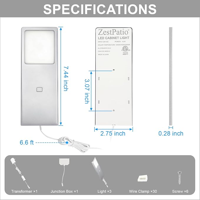 Under Cabinet Lights, 15W Plug in Linkable LED Dimmable Hardwire Under Cabinet Lighting for Counter Closet Bookshelf Shelf, 0.28 inch Ultra Thin, 3000K/4000K/5000K, 3-in-1, Silvery, ETL