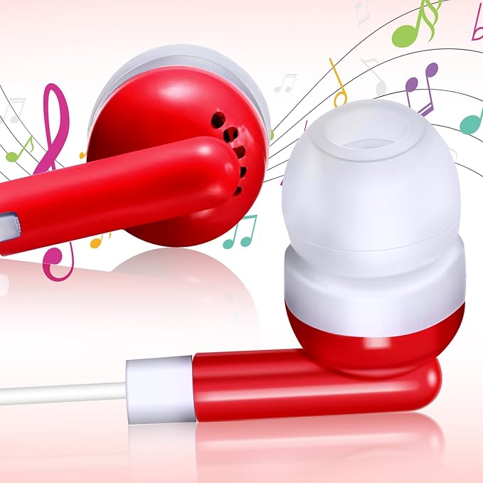 Konohan 100 Pcs Bulk Earbuds with Wire Basic Headphones in Ear for Libraries Laptop, No Microphone 3.5 mm Jack Earbuds Dot Headphones, Individually Bagged (Red)