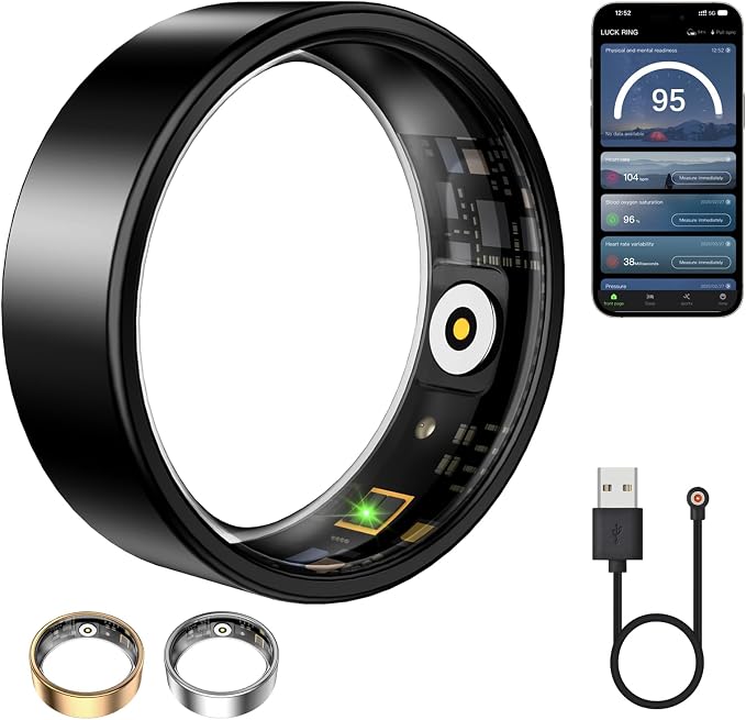 Smart Ring for Women & Men, Fitness Tracker with Heart Rate, Blood Oxygen, Sleep Monitoring, Long-Lasting Battery, IP68 Waterproof, Compatible with iOS & Android (Black, 6#)