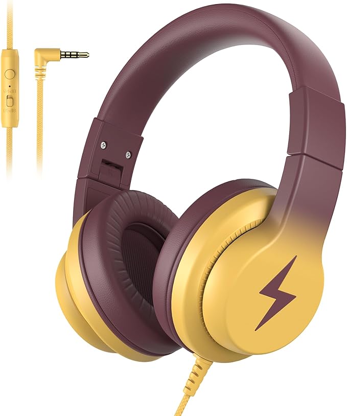 Candy Bila Kids Headphones, Wired Headphones for Kids Over Ear with Microphone, 85/94dB Volume Headphone for Girls Boys, Foldable Headphone for Learning, Gradient Brown and Yellow