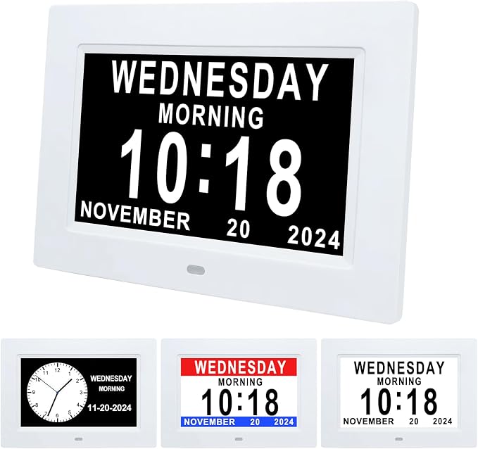 Johnziny 7 Inch Digital Clock with Day and Date for Elderly Large Display for Elderly Dementia Clock Customizable Alarms, 12 Alarms,4 Colors Display Digital Calendar Alarm Clock (White)