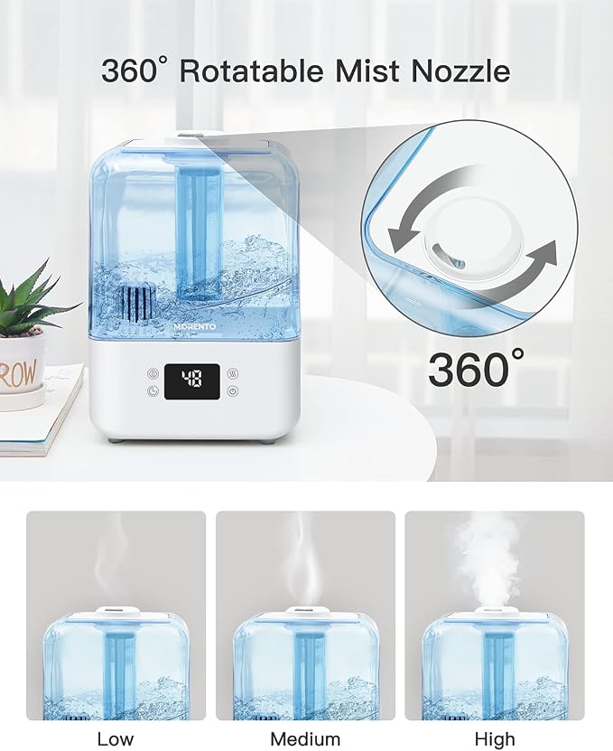 MORENTO 4.5L Top Fill Cool Mist Humidifier for Bedroom, Large Room, Home with 360 Nozzle, Auto Shut-Off, Humidity Setting, 50Hrs Runtime, Night Light, White