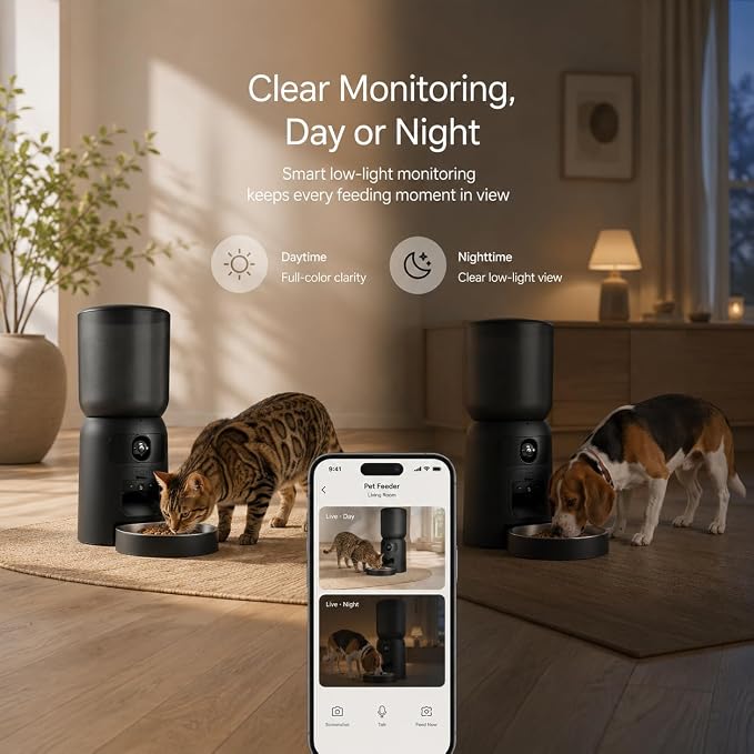 Automatic Cat Feeder with Camera, 2K WiFi Smart Pet Feeder with App Control, 6L Cat Food Dispenser, AI Pet Monitoring, Portion Control Automatic Pet Feeder for Cats & Dogs, Motion Tracking, Dual Power