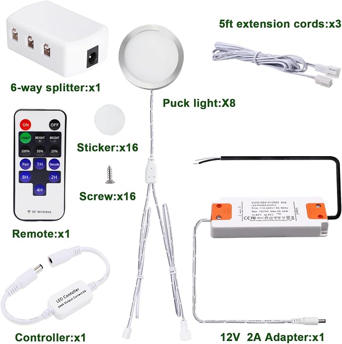 AIBOO Linkable Under Cabinet LED Lighting 12V Dimmable Puck Lights Hardwired with Wireless RF Remote Control for Kitchen Mood Lighting(8 Lights, Daylight White, NO Wall Plug)