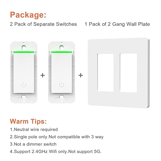 Smart Light Switch 2 Gang WiFi Smart Light Double Switch Compatible with Alexa, Google Assistant,Wireless Control, 2.4G WiFi Smart Light Switch, Single-Pole, Neutral Wire Required
