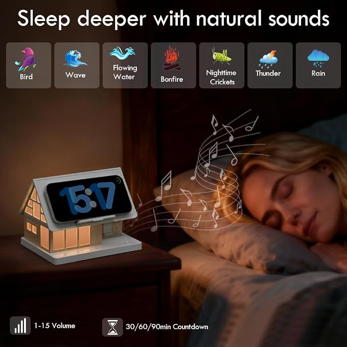 Night Light,House-Shaped Nightstand Light with 15W Wireless Charger and White Noise Machine,Touch Control 3-Level Dimmable Lamp with Timer, Sleep Aid Bedside Light for Bedroom Décor & Gift