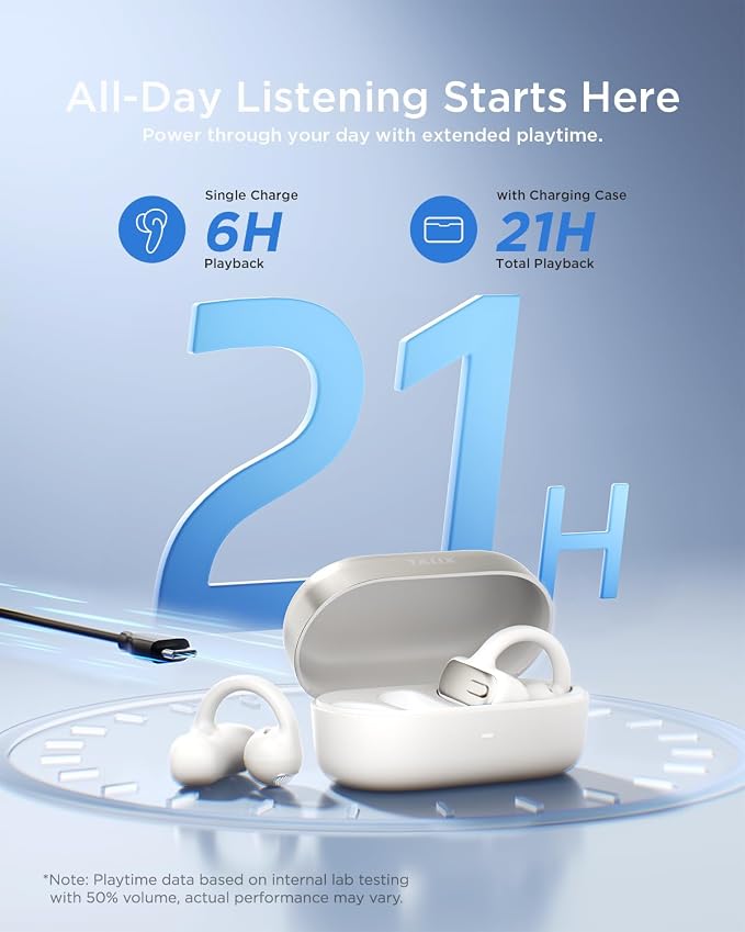 TALIX Open Ear Clip-On Earbuds X8 with AI ENC & Powerful Bass, Wireless Bluetooth 6.0, IPX4 Sweatproof Fitness Headphones, Physical Buttons, 5g Lightweight Ear Buds with Multi-Device Switching, White